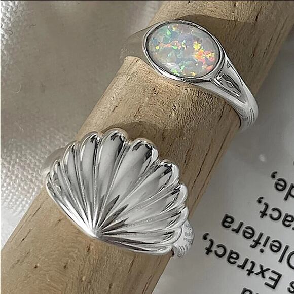Sterling Silver Shell Opal Ring Set, Minimalist - Picture 2 of 6